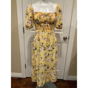 Faithful The Brand Yellow & Pink Floral Smocked Majorelle Midi Dress, Size 2